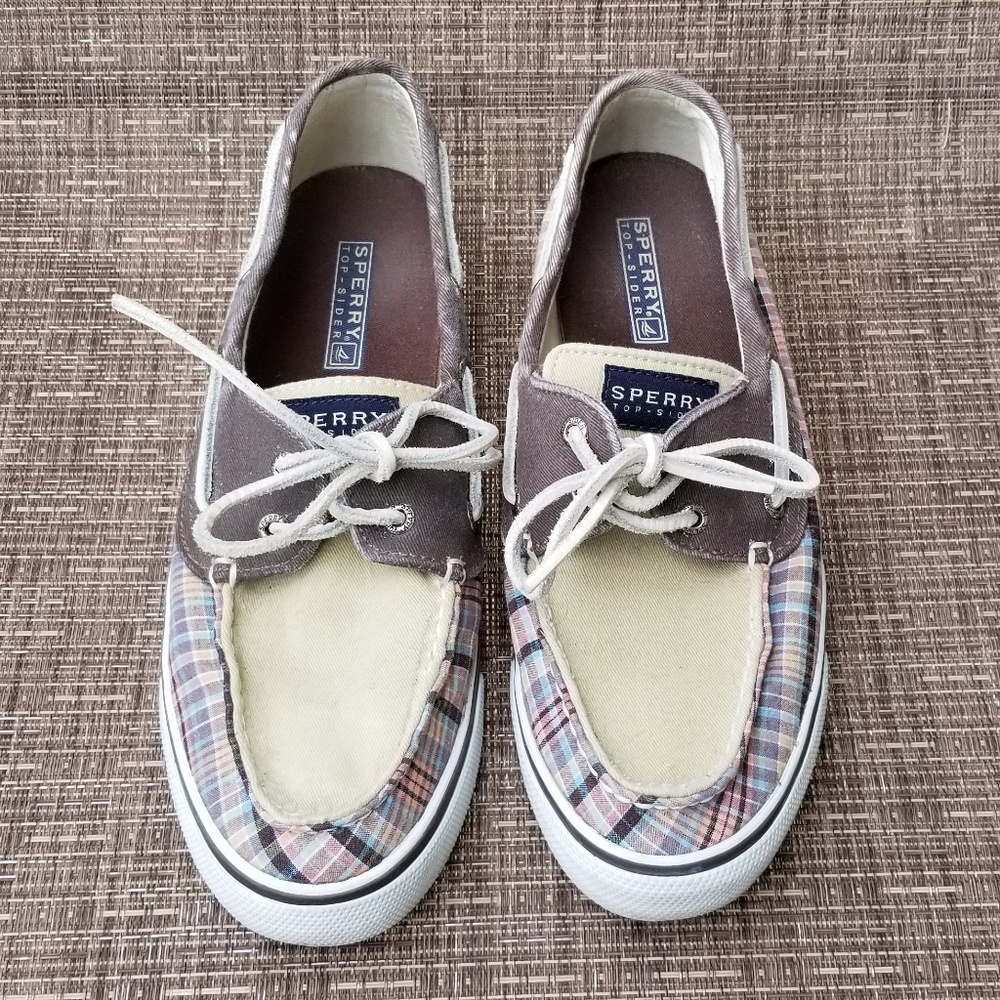 SPERRY TOPSIDERS WOMAN'S 8.5 CANVAS + PLAID SHOES